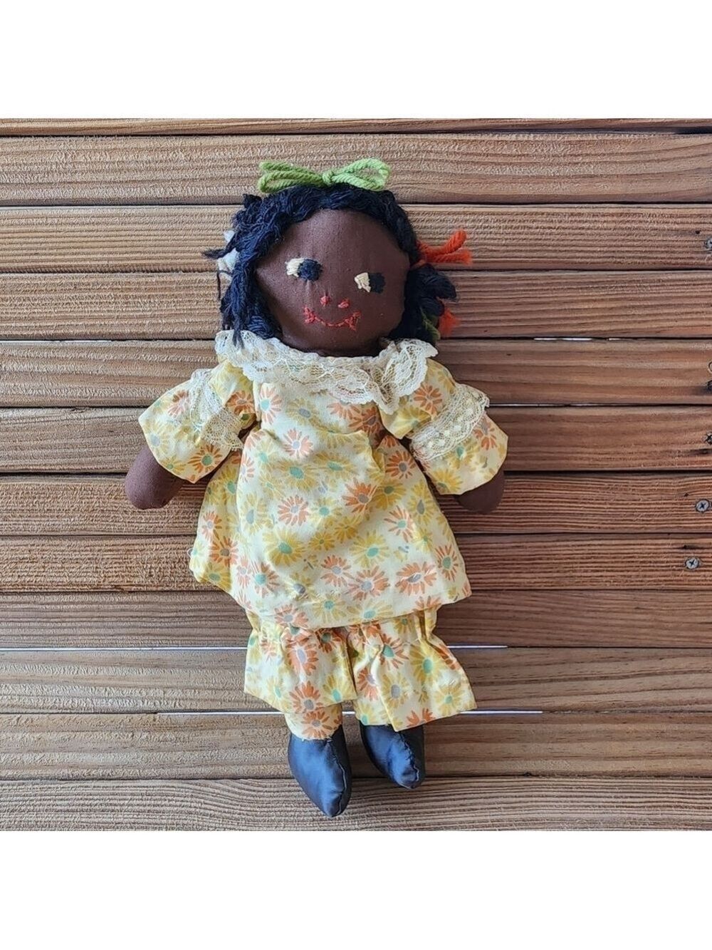 Vintage Black Americana African American cloth ragdoll retro yellow floral dress